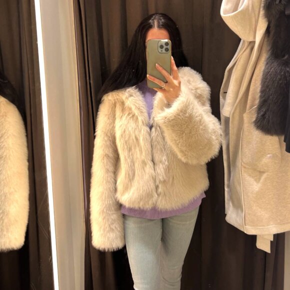 Zara Women Short Faux Fur High Neck Coat Light Beige Cream XS 5320/725 New - Picture 11 of 15